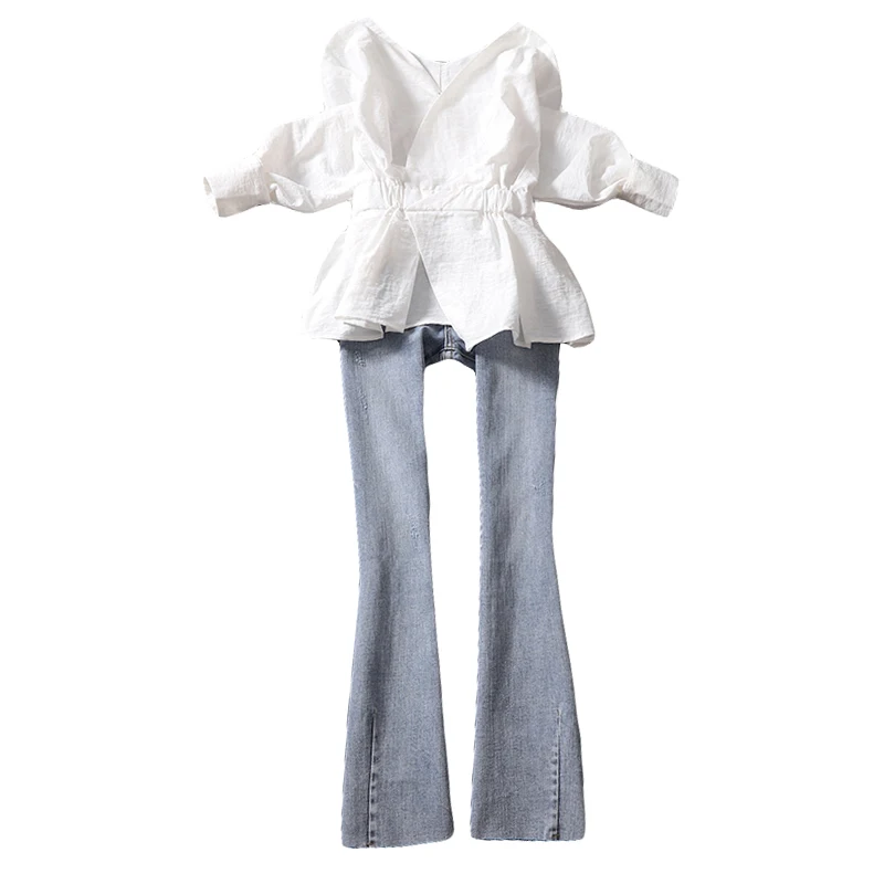 

2020 summer new women jeans sets ruffles slim blouse and flare jeans office lady elegant jeans sets top quality