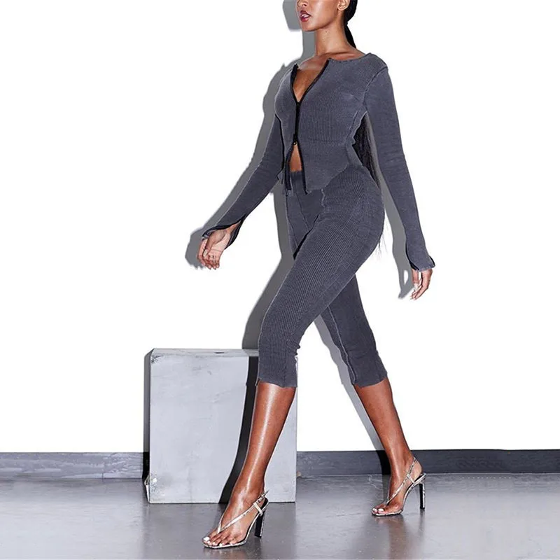 Женский комплект из двух предметов укороченный топ на молнии с длинным рукавом и