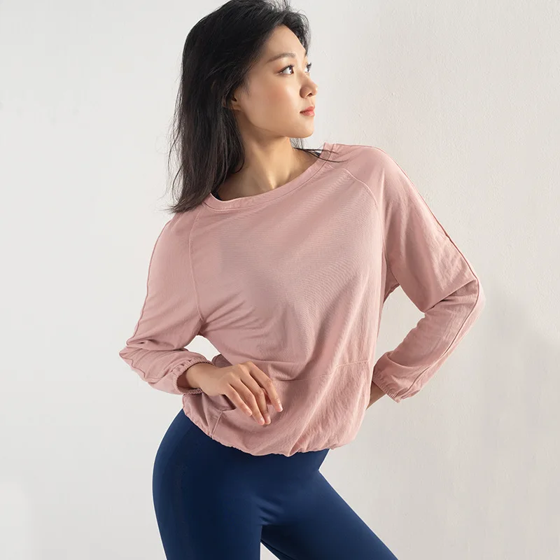 2019 Loose Workout Tops for Women Lace Drawstring Design Crop Top Long Sleeve Shirts Modal Yoga Shirt Running Fitness Clothing | Спорт и