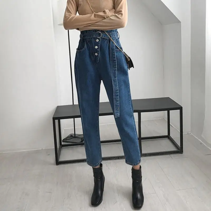

loose Spring and autumn big cropped jeans women's size fat mm high waist Korean thin wide leg harem