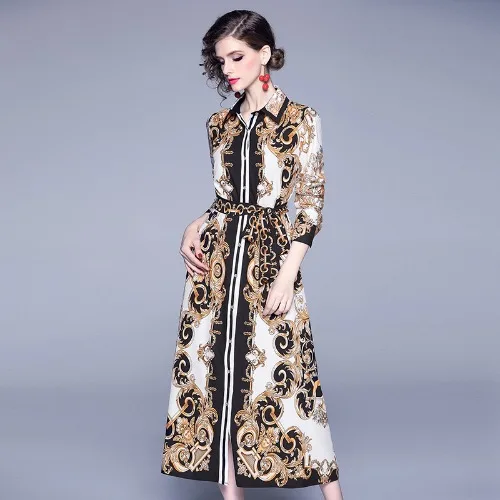 

2020 Designer Runway Maxi Dress Women's Long Sleeve Shirt Collar Mid-Calf Vintage Flowers Print Slim Long Lady Dress Plus Size