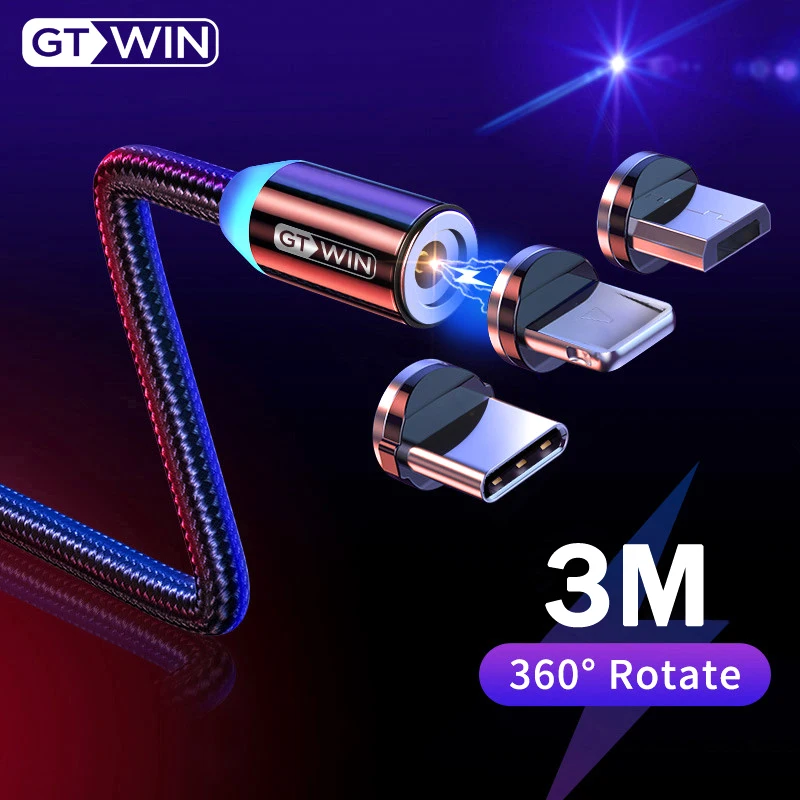 GTWIN Магнитный USB кабель для iPhone XS Max Micro usb type C адаптер зарядное устройство Быстрая зарядка Магнитный шнур для samsung S10 S9 2 м/3 м