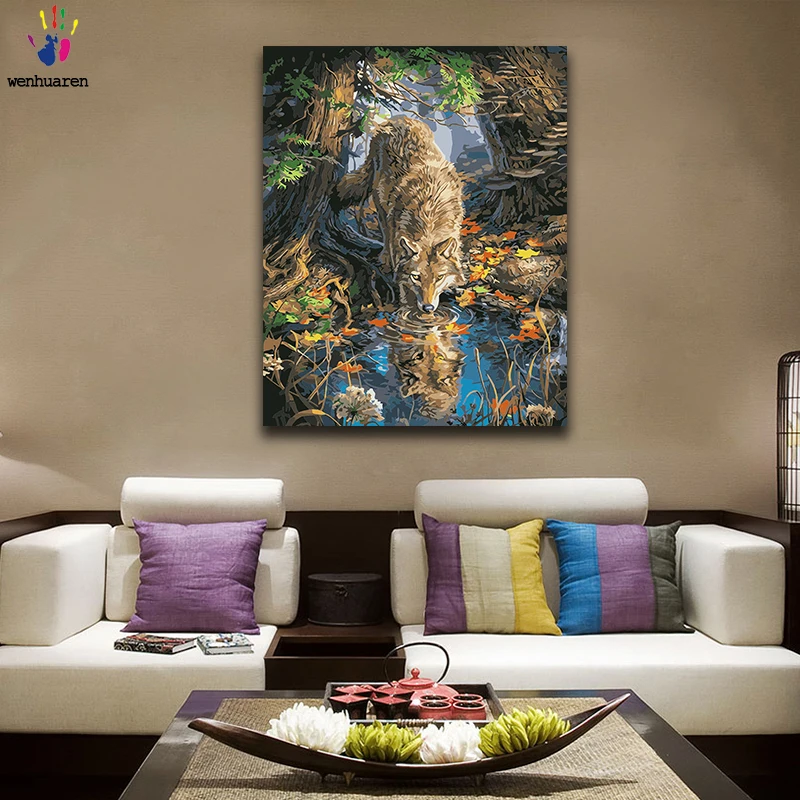 Diy краски по номерам картина живопись с комплектами волк напиток вода медведь