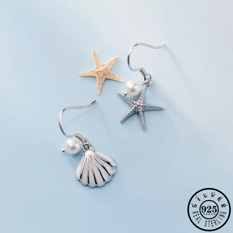Женские асимметричные серьги-подвески из серебра 925 пробы с морской ракушкой и