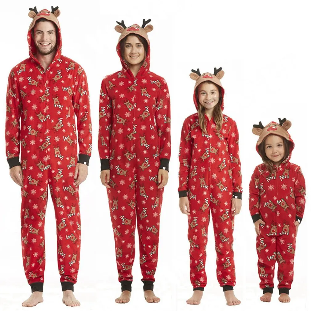 

Рождественский пижамный комплект, цельный комбинезон на молнии спереди с капюшоном в виде рогов для семьи, комплекты для семьи, Семейный ко...