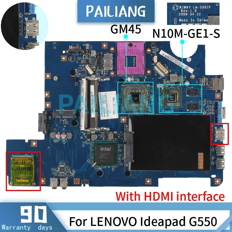 PAILIANG материнская плата для ноутбука LENOVO Ideapad G550 GM45 материнская плата LA-5082P N10M-GE1-S с интерфейсом HDMI DDR3 тестирование