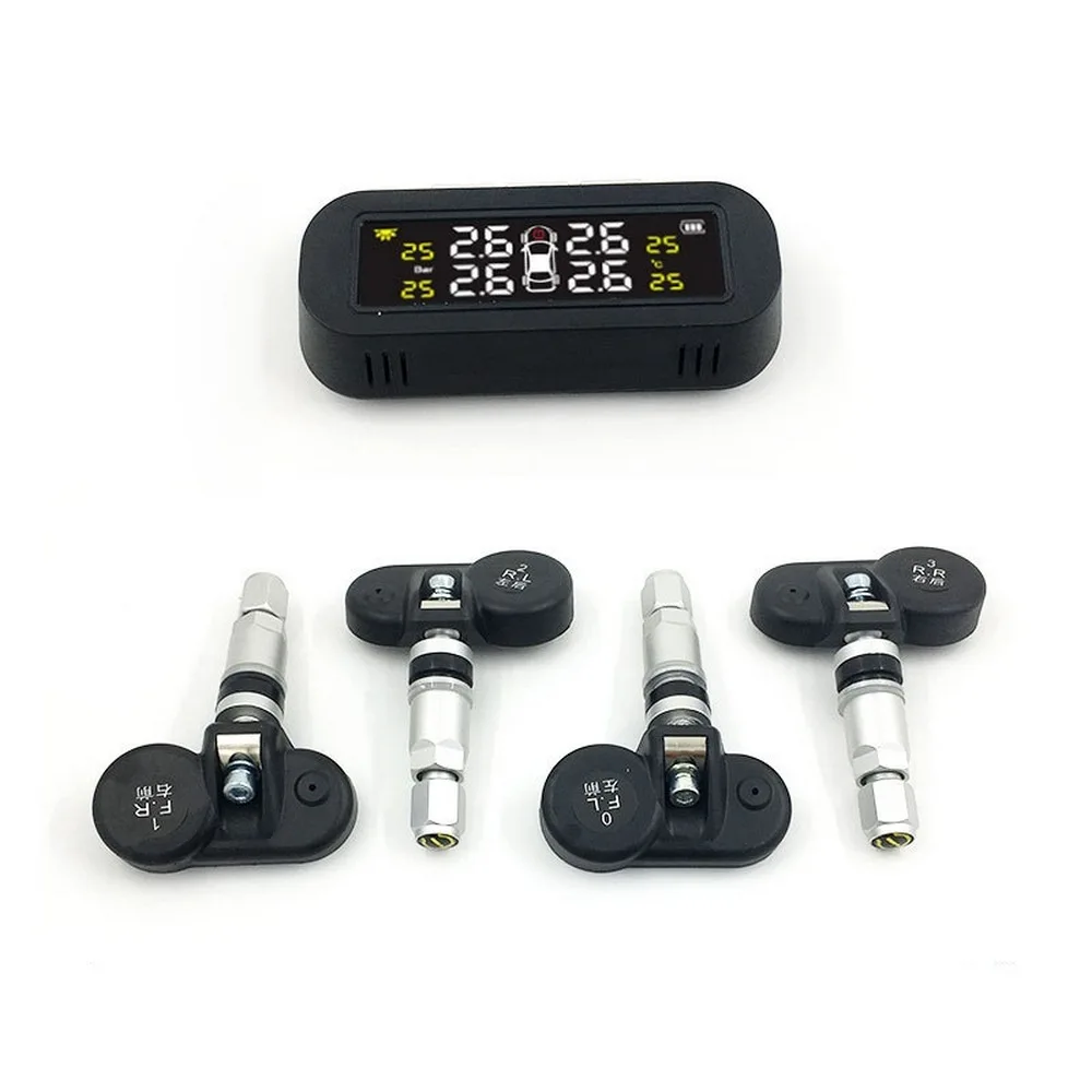 

Solar Power TPMS Car Tire Pressure Alarm Monitor System LCD Display Attached To Glass Tpms Temperature Warning with 4Sensors BAR