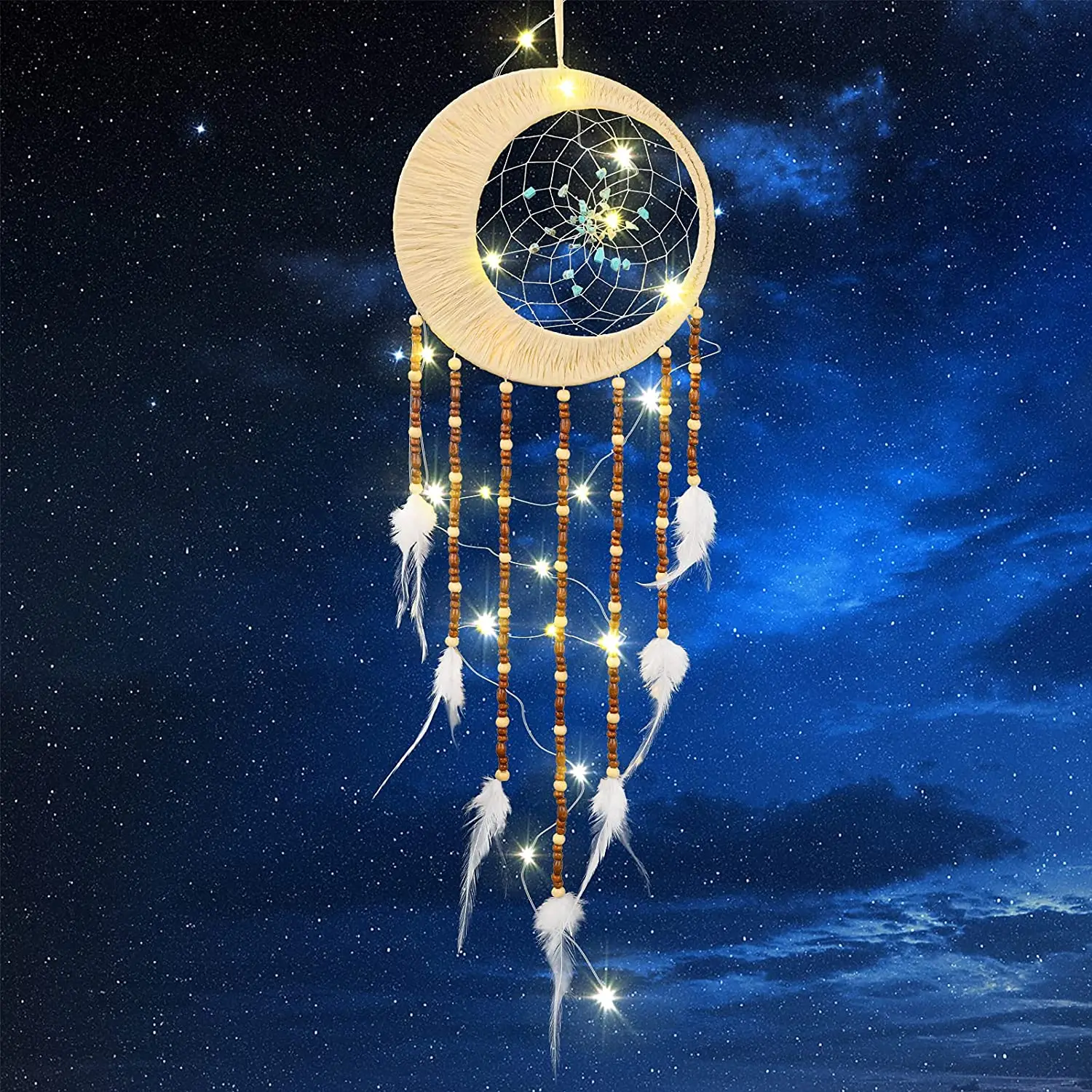 

Dream Catcher Handmade LED Moon Dream Catchers Wooden Beads White Feather Moon Dreamcatcher for Wall Hanging Decor