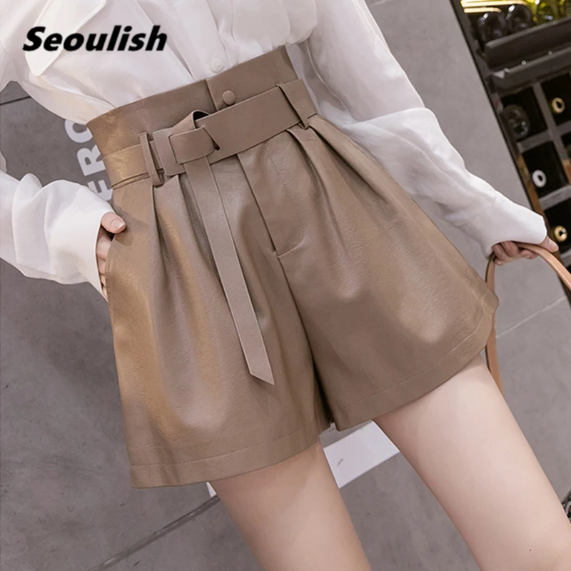 

Seoulish 2021 New Autumn Winter Black PU Faux Leather Women's Shorts Sashes High Waist Wide Leg Shorts Elegant Female Trousers