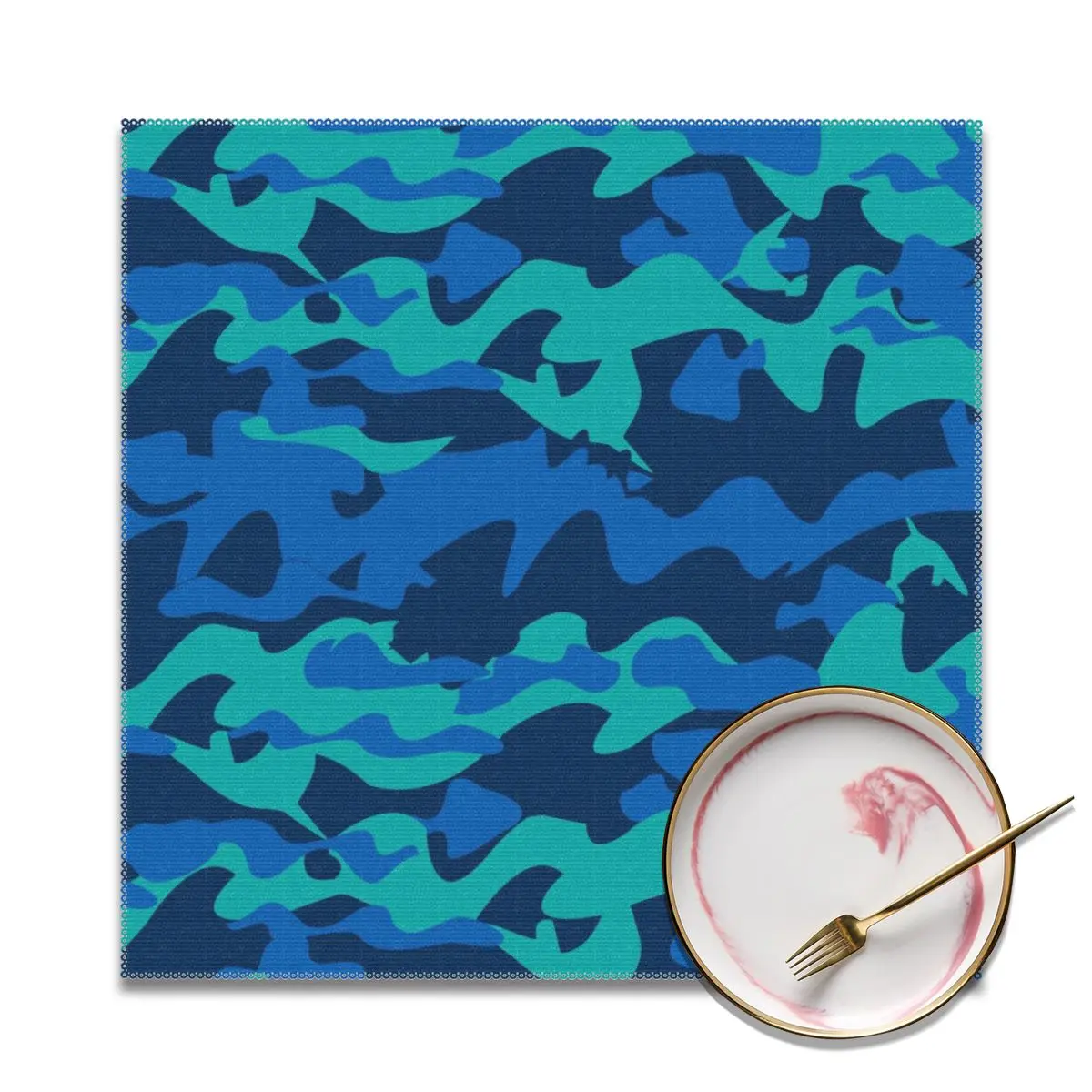 

Camo Sea Color Polyster Pad Dining Table Mats Coaster Bowl Cup Mat Kitchen 4 Pack Placemats Home Decor