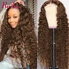 Коричневый парик с глубокой волной спереди, Свободный парик с глубокой волной, вьющиеся человеческие волосы, HD, прозрачный, T-образный, бразильский, влажный и волнистый парик на сетке спереди