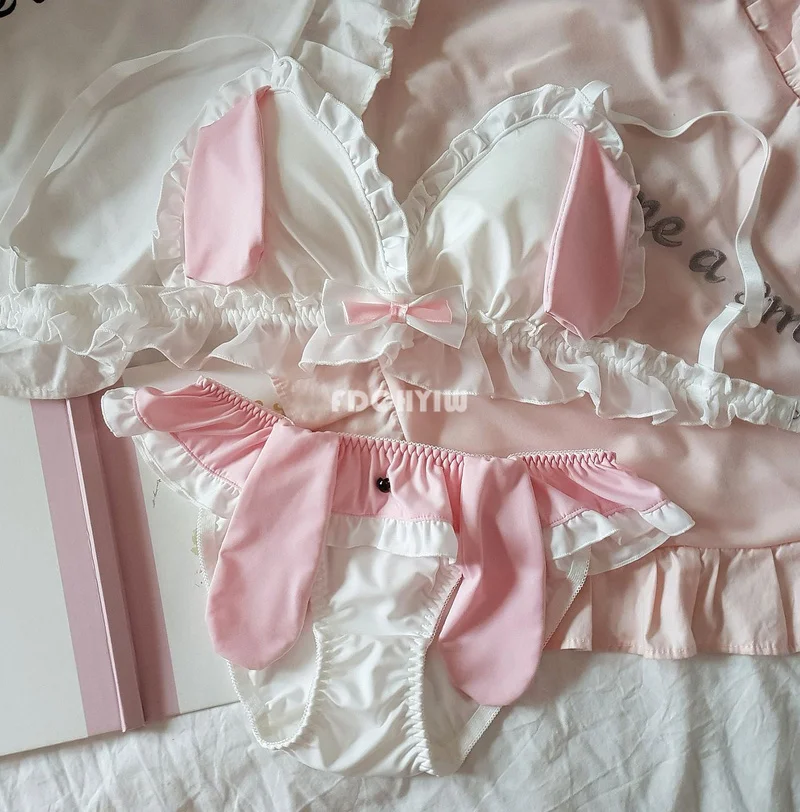 

Lolita Cute Bunny Girl Cosplay Japanese Kawaii Underwear Set Anime Cos Black Rabbit Ear Tube Top Wireless Pink Bra and Panty Set