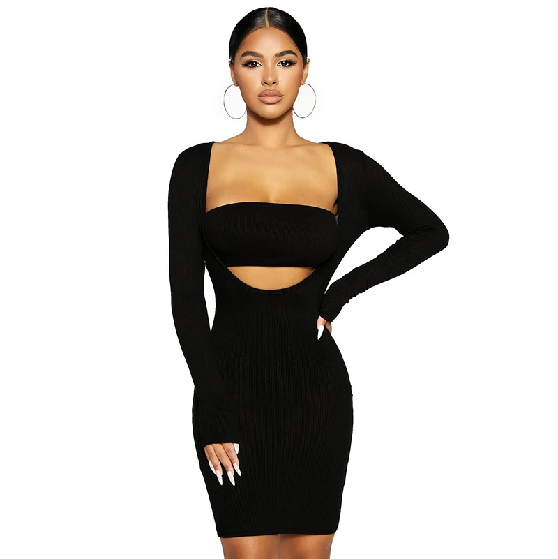 

Женское короткое платье с запахом, повседневное однотонное платье с круглым вырезом и длинным рукавом, осень 2021