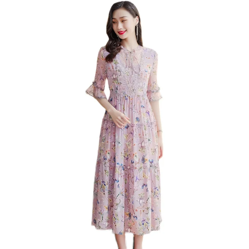 

COIGARSAM 3XL Plus Size Patchwork Women dress New Summer Floral Print Lace High Waist Belt Dresses Pink Purple 7085