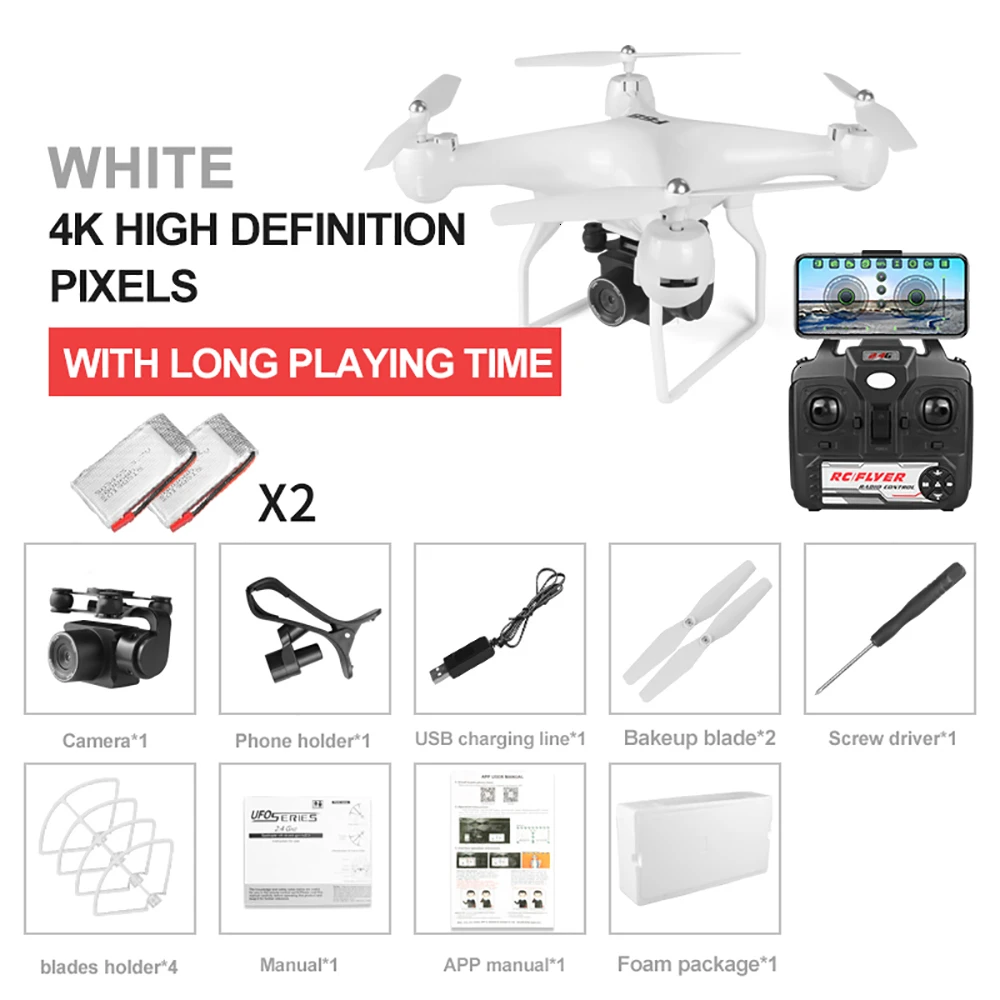 White 4K 2B Дрон 4k HD 1080p WiFi fpv Дрон высота держать парение сервопривод для квадрокоптера камера rc вертолет однокнопочный посадочный Дрон с камерой - Цвет: White 4K 2B