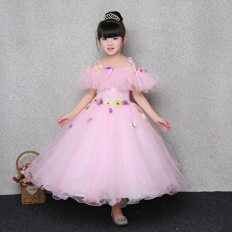 

Luxury Korean Sweet Pink Color Shoulderless Collar Birthday Wedding Party Princess Long Dress For Children Girls Costumes Dress