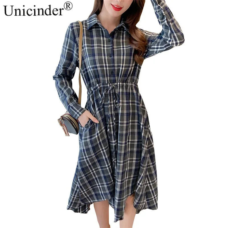 

Unicinder 2021 Plus Size Collect Waist Show Thin Grid Characteri Spring/Autumn Mid-Calf Dresses for Women Women Clothing