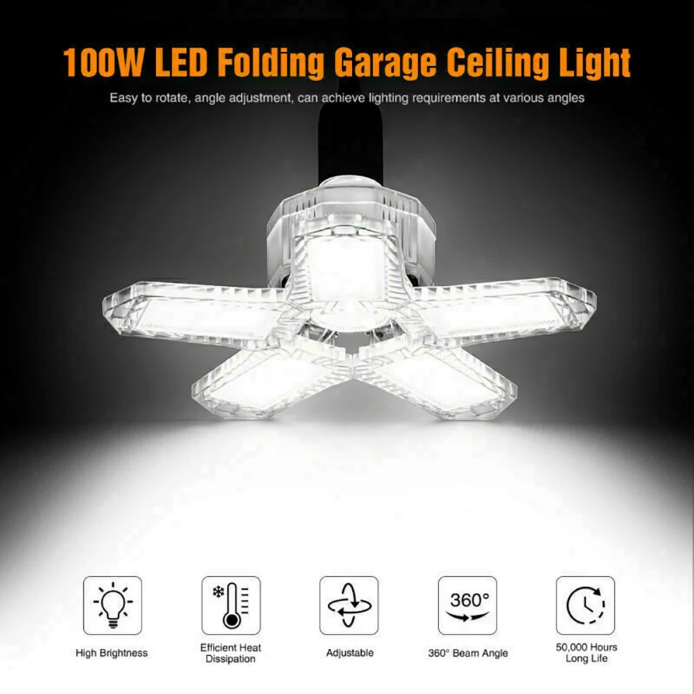 

LED Garage Ceiling Light Bulb Deformable Fixture 6500K 100W E27 Light Workshop Lamp for Stadiums Stages Warehouses Parking