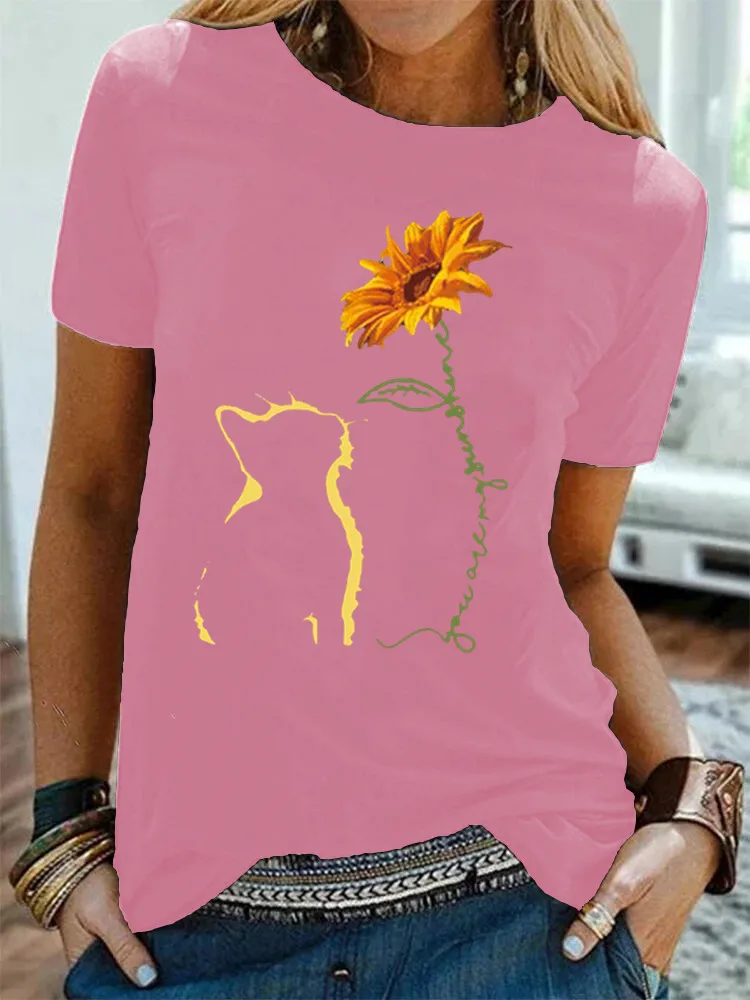 

2021 Summer T Shirts Women Cats Sunflower Print Short Sleeve Tshirt Ladies Round Neck Casual Female T Shirt Tops Ropa De Mujer