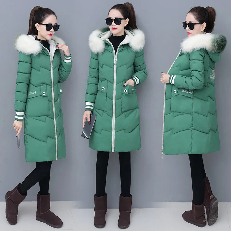 

2021 new autumn winter edition feather cotton jacket female large fur collar medium-length fashion thick cotton jacket femal