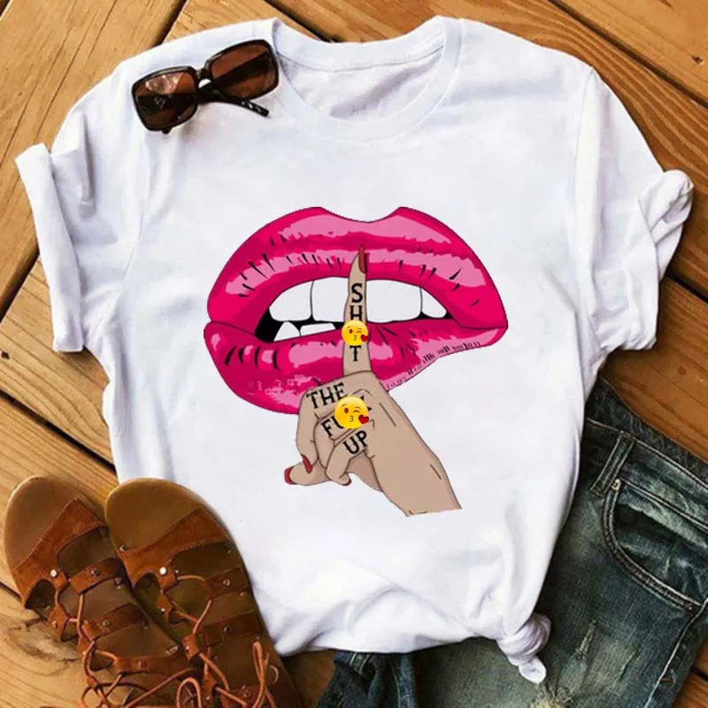 

2021 New T shirt Women Lips Printed Fashion Graphic Printed T-Shirt Harajuku Casual Ladies Short Sleeves Female T-Shirts Clothes