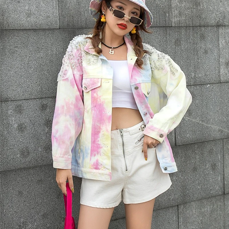 

Luxury Pearls Beading Gradient Color Demin Jacket For Women Coats Diamond Mesh Patchwork Casual Streetwear Jeans Jackets