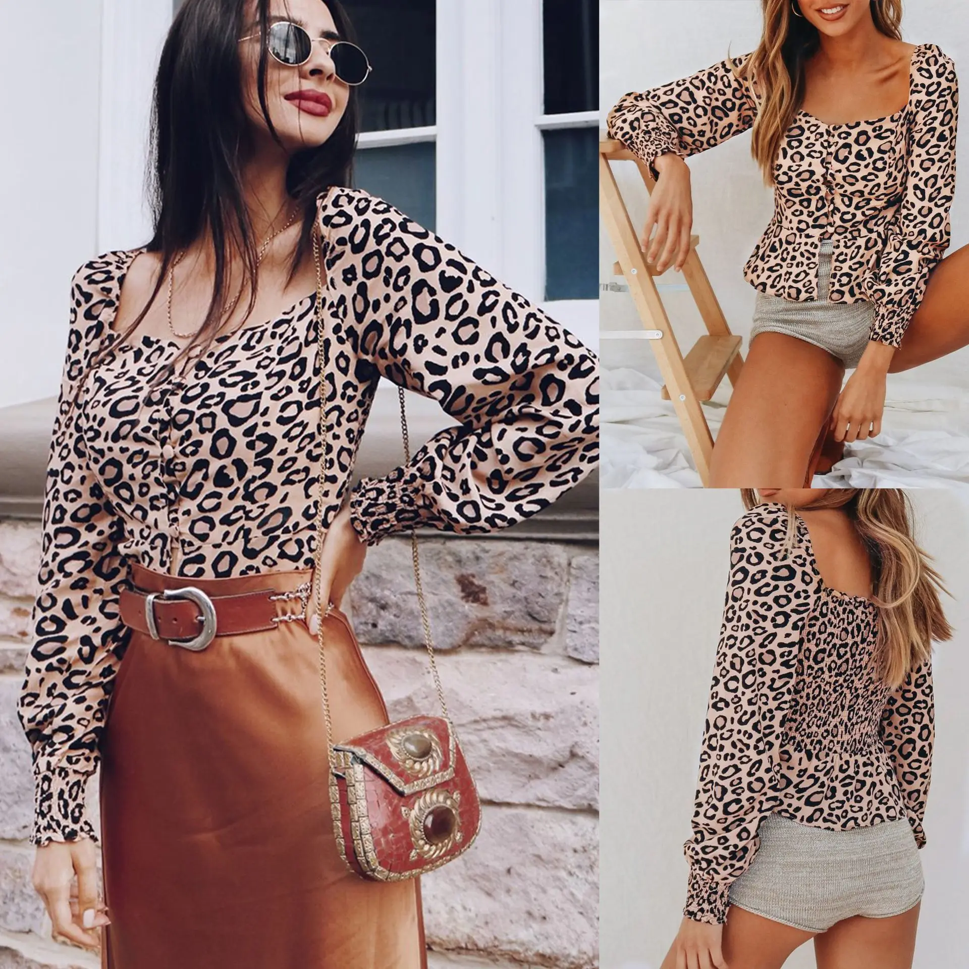 Модные повседневные женские леопардовые рубашки с длинным рукавом фонариком и