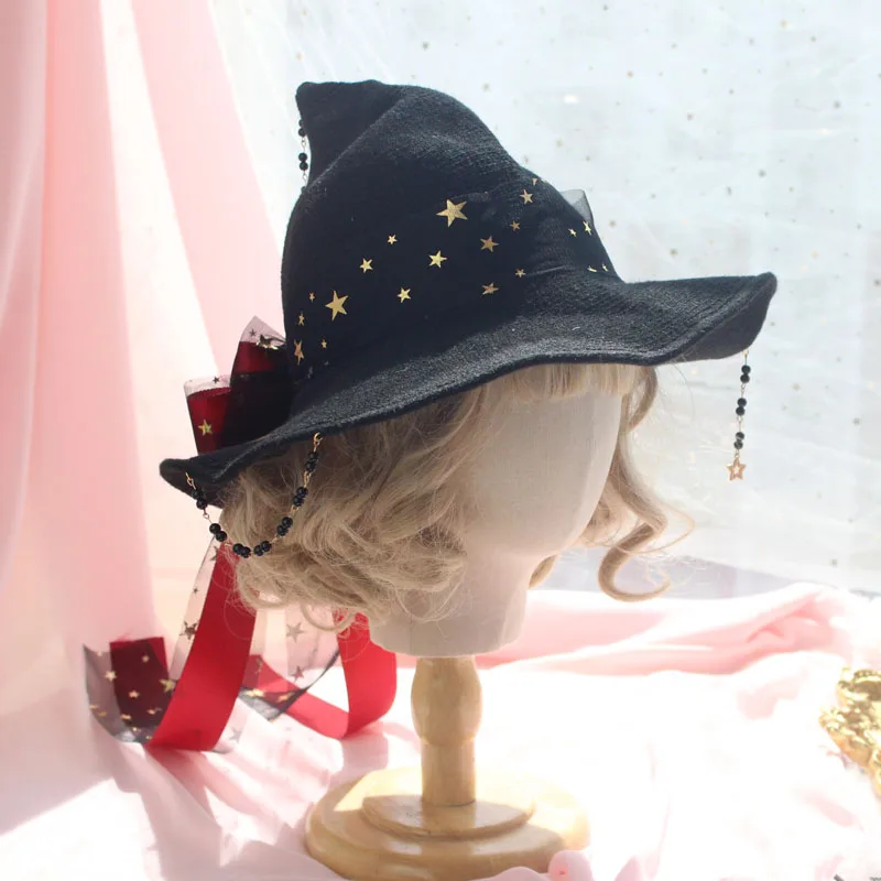 

Lolita Halloween Retro Witch Hat Masquerade Rose Big Bow Wizard Hat Gothic Magical Girl Hat Cosplay Accessories Party Decor