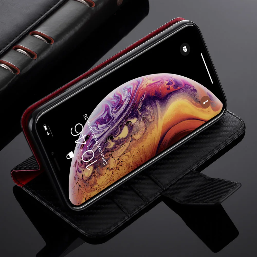 Чехол из углеродного волокна для iPhone X чехол Xr Xs 11 Pro Max деловой книжка с бумажником
