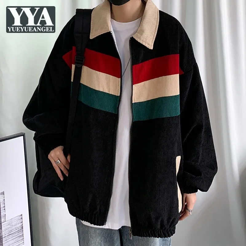 

Vintage Velvet Jacket Mens Casual Zipper Lapel Loose Fit Striped Coat Streetwear Hip Hop Black Jackets New Fashion Men Outerwear