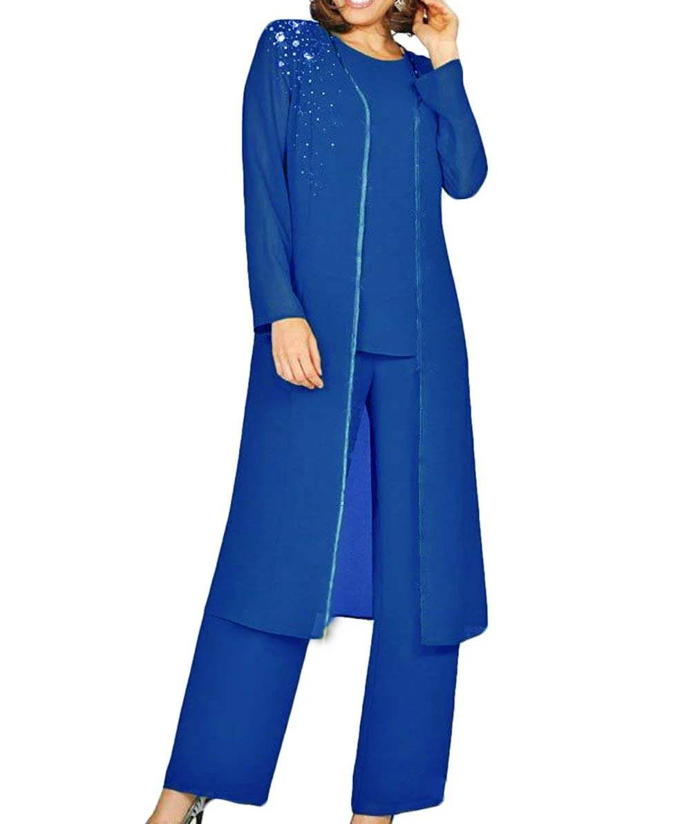 royal blue Женский элегантный костюм из 3 предметов, украшенный кристаллами, шифоновое платье для матери невесты, брючный костюм с жакетом, наряд для свадьбы, жениха - Цвет: royal blue