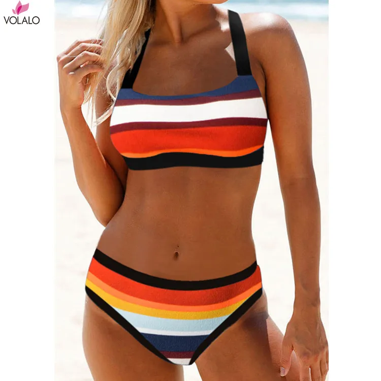 

Women Colorful Stripe Print Back String Bikini Backless Swimwear Bathing Suits Striped Swimsuit