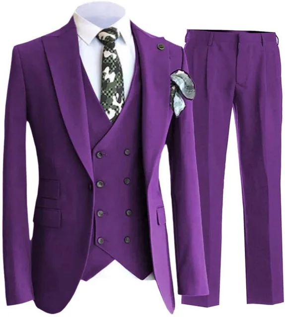 

2021 (Jacket+Pants+Vest) Purple Mens Suits Groom Wear Tuxedos 3 Piece Wedding Suits Best Man Formal Business Suit For Men