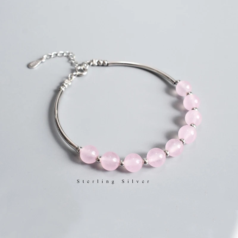 

Natural Rose Quartz Beads 925 Sterling Silver Strand Bracelets Bangles for Women Female Trendy Bracelet Fine Jewelry Gift YBR165