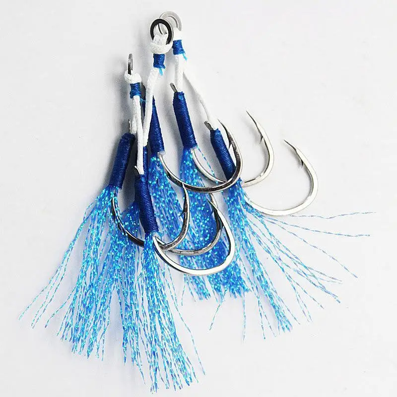

3Pair Assist Hook Solid Ring JigLure Jigging Fishjig Double Pair Barbed Assist Hooks Pesca Peche Blue Feather Fishing Jig Tools