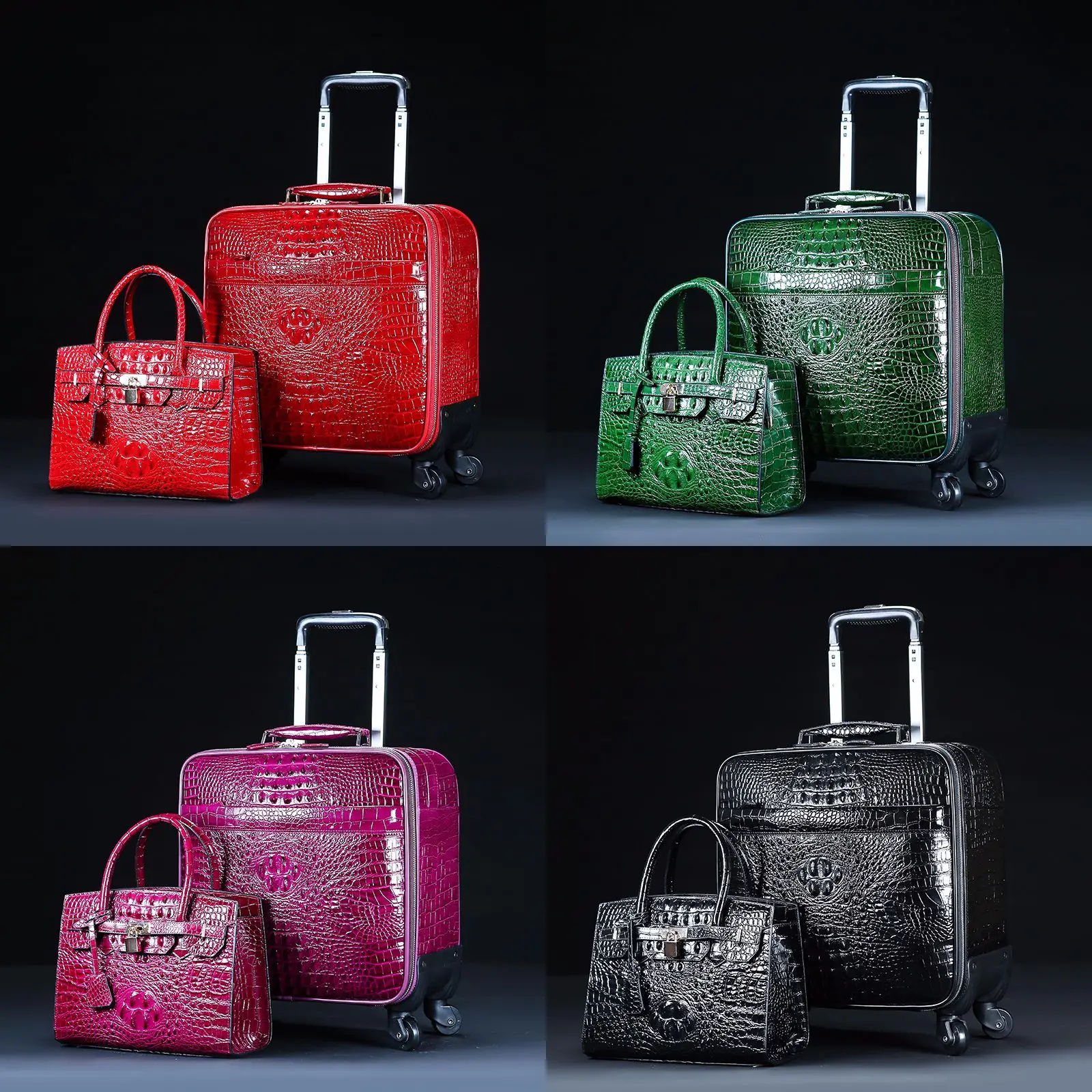 

Leather crocodile-print suitcase female head layer cowkin Wan to wheel suitcase check-in box lever box 16 inch wedding box 2020
