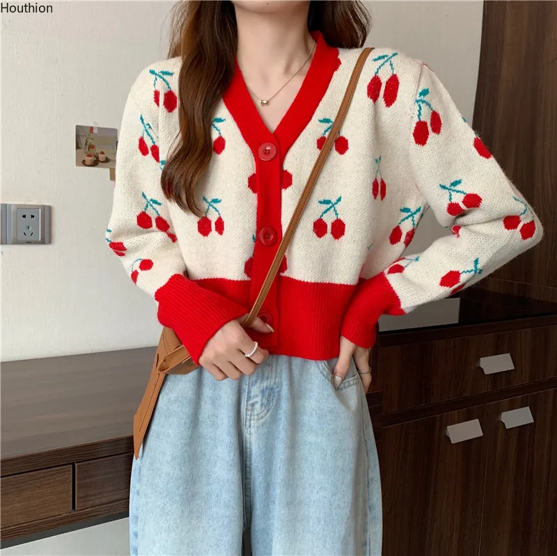 

Spring/Autumn Women's Sweater New Fashion Casual Long Sleeve Buttons Cherry Print Slim Stretch Cotton Cardigan Top Houthion