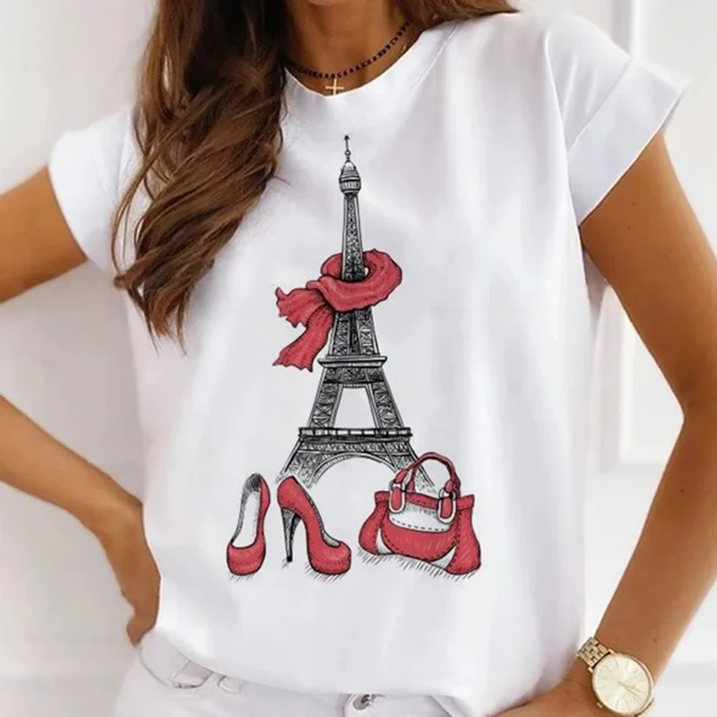 

WK Eiffel Tower T Shirt Women Summer Casual Tshirts Tees Harajuku Korean Style Graphic Tops Kawaii Female T-shirts Cothing