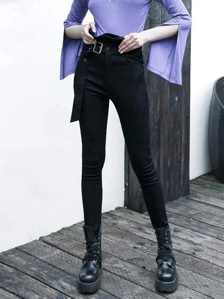 Женские узкие брюки с высокой талией и оборками в стиле панк поясом PK-340XC