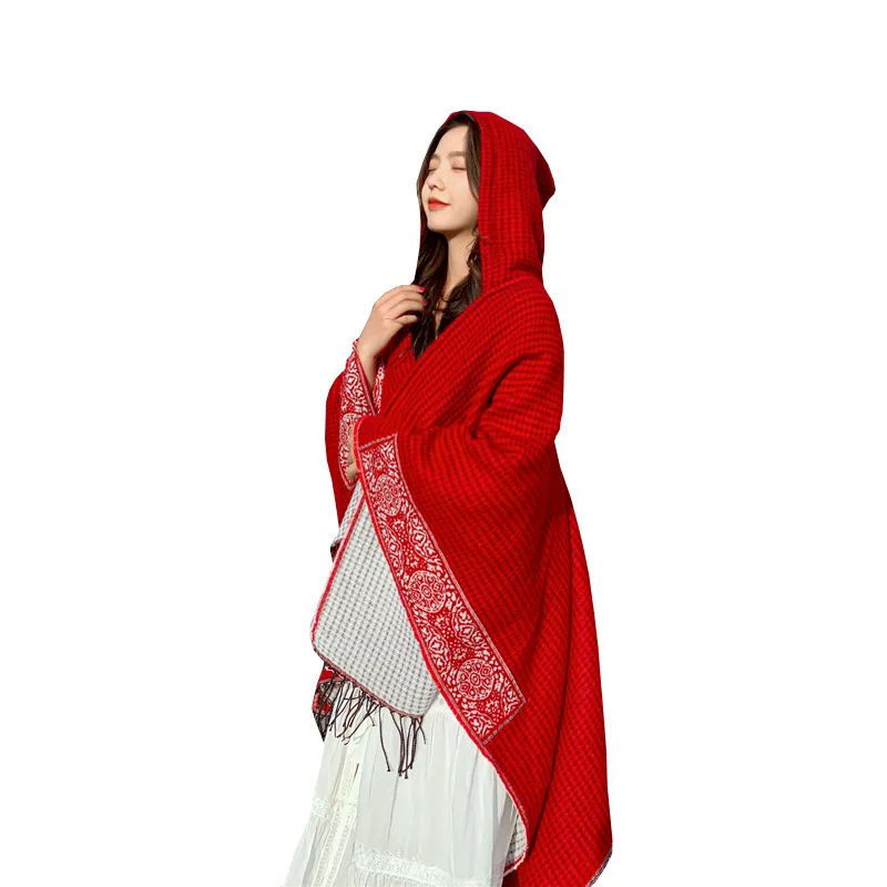 

Travel Photo Cloak Big Shawl Female Autumn Winter Wear Sunscreen Hooded Scarf Red Ethnic Knit Coat Luxury Designer Women Shawl