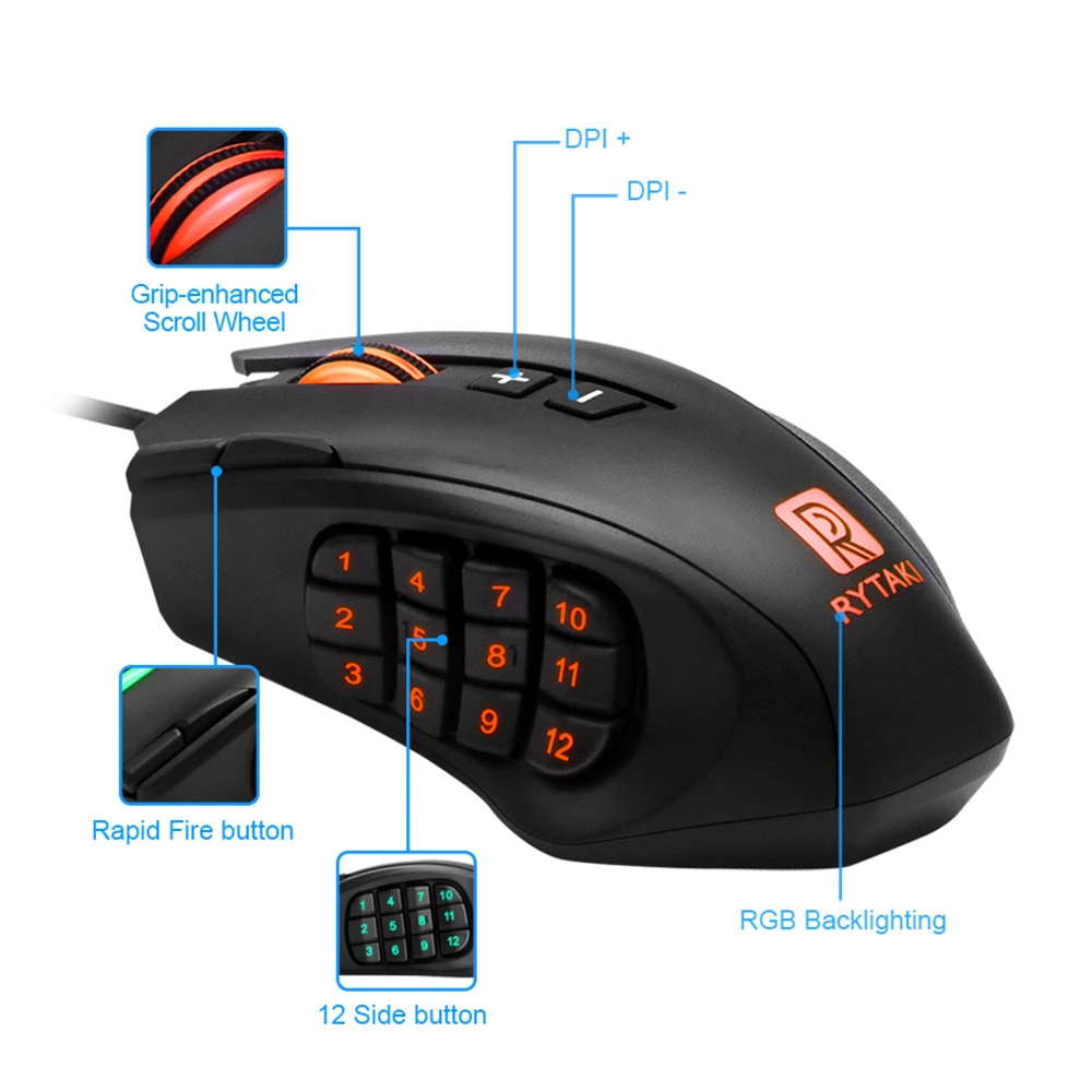 Rocketek USB Проводная игровая мышь 16400 точек/дюйм 16 кнопок лазерная программируемая с