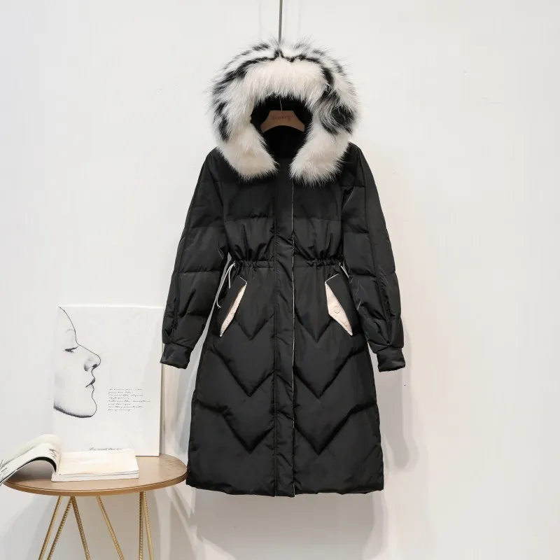 2019 white duck down jacket female long section winter new fox big fur collar waist thin |
