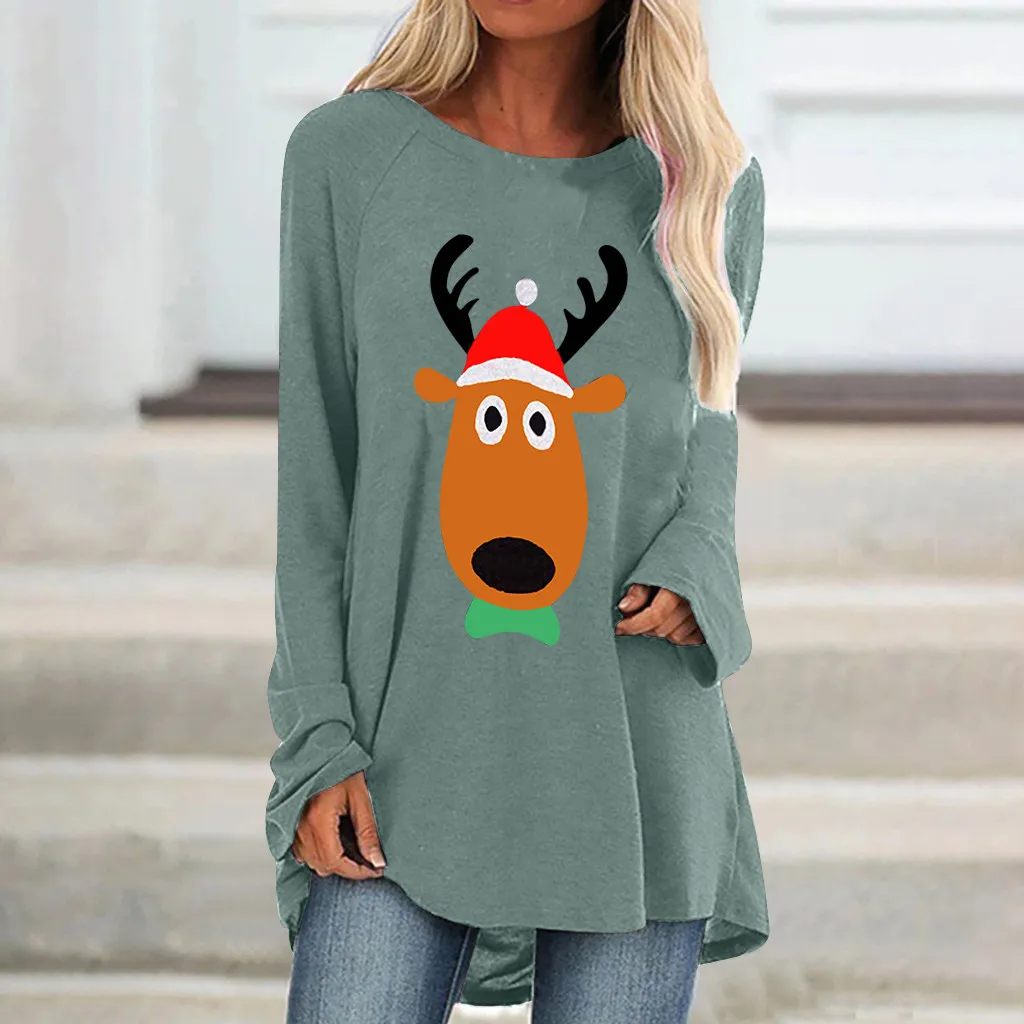 S-3xl Женская мода Рождество Повседневный с принтом оленя круглый вырез Свободный