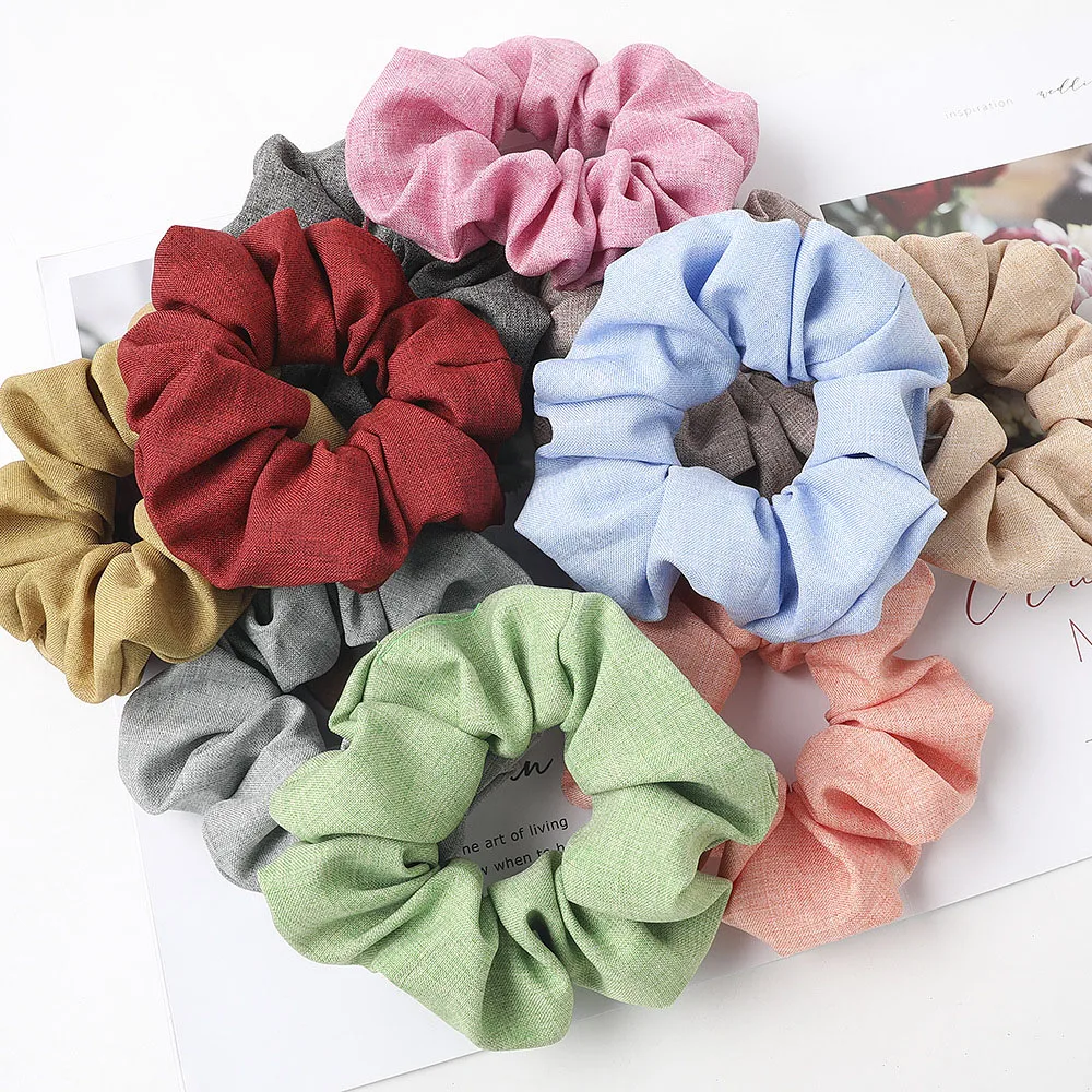

Wholesale Scrunchy Set 10pcs/lot Solid Color Cotton Linen Fabric Srunchy For Women Vinatge Brand Elastic Hairbands Pack For Lady