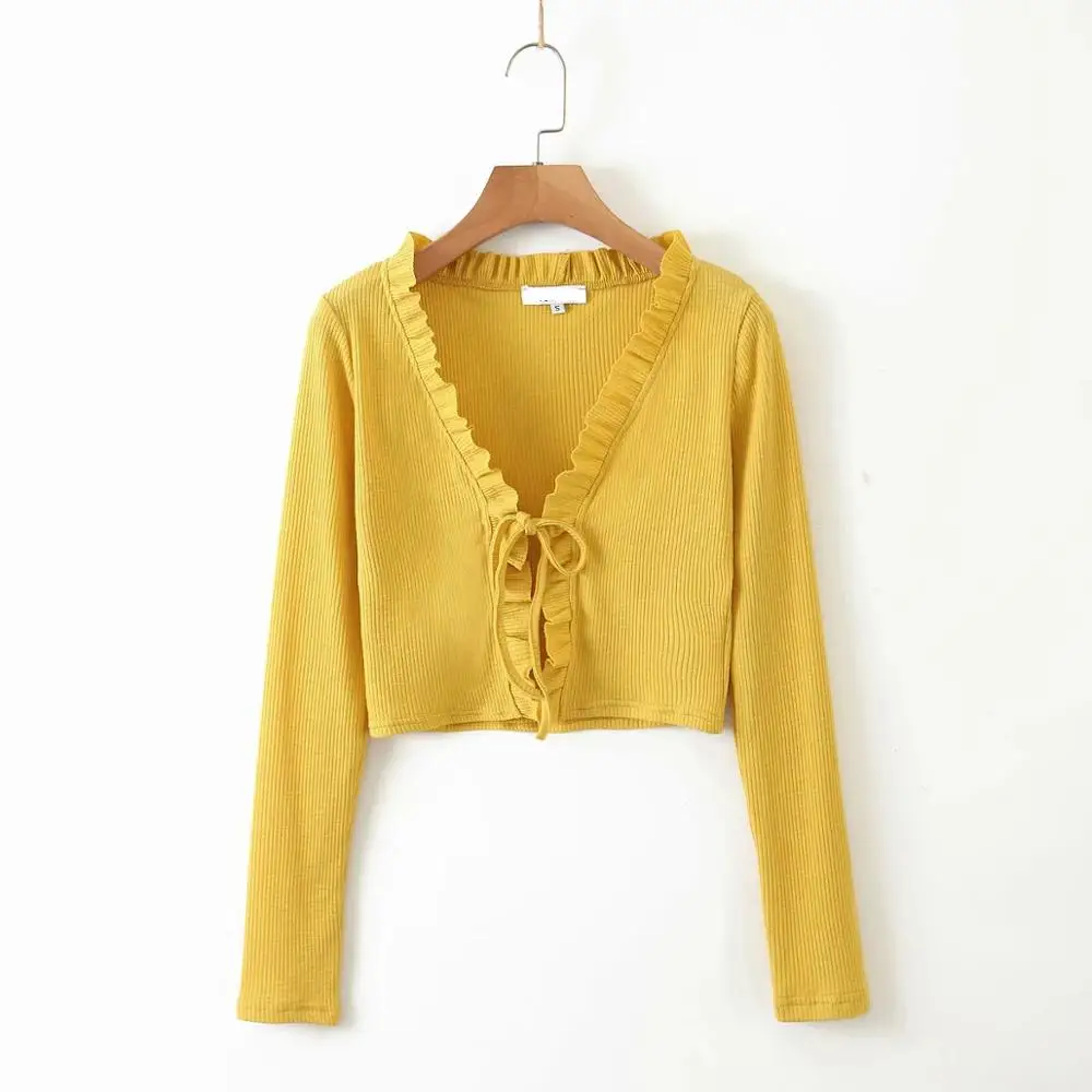 Klacwaya women 2020 fashion lace up ruffles open stitch ladies full sleeve V-neck 100% cotton sweater sexy club style |