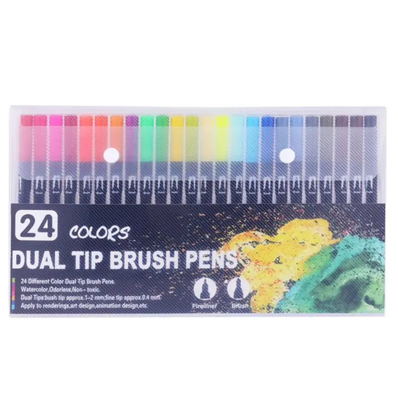 24 Colors 12/24/36/48/72/100 Цвет Fine Liner двойной наконечник кисть фломастер Рисование Раскрашивание воды Цвет художественный Маркер ручки школьные принадлежности - Цвет: 24 Colors