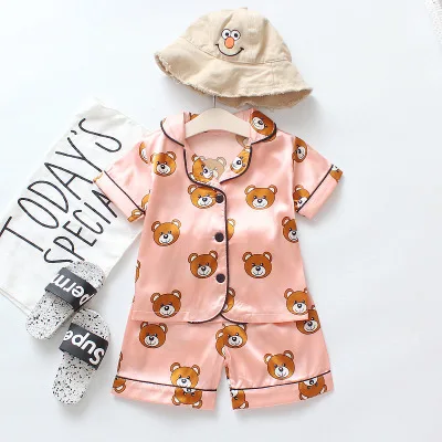 

Girls Clothing Set 2021 New Summer Children's Pajamas Silk Bear Cartoon Short-sleeved Suit Cute Kid Boy Clothes