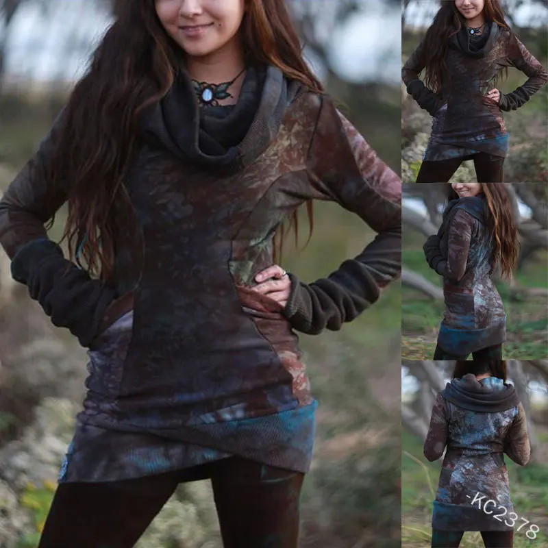 

WEPBEL T-shirt Women's Fashion Tie-Dye Printed Slim T-shirt Spring Autumn Long Sleeve Turtleneck Casual Irregular T-shirt