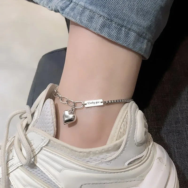 

New Fashion Silver Summer Anklet Bracelet for Women Vintage LOVE Heart Pendant Party Jewelry