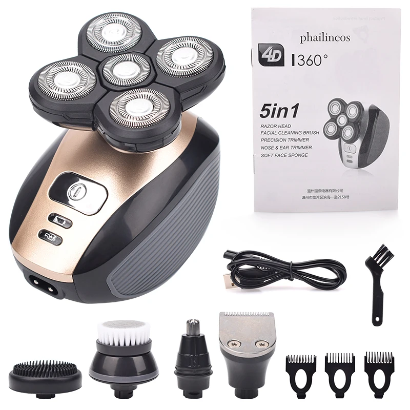 

4D Men's Rechargeable Bald Head Electric Shaver 5 Floating Heads Beard Nose Ear Hair Trimmer Razor Clipper Facial Brush 5 In 1